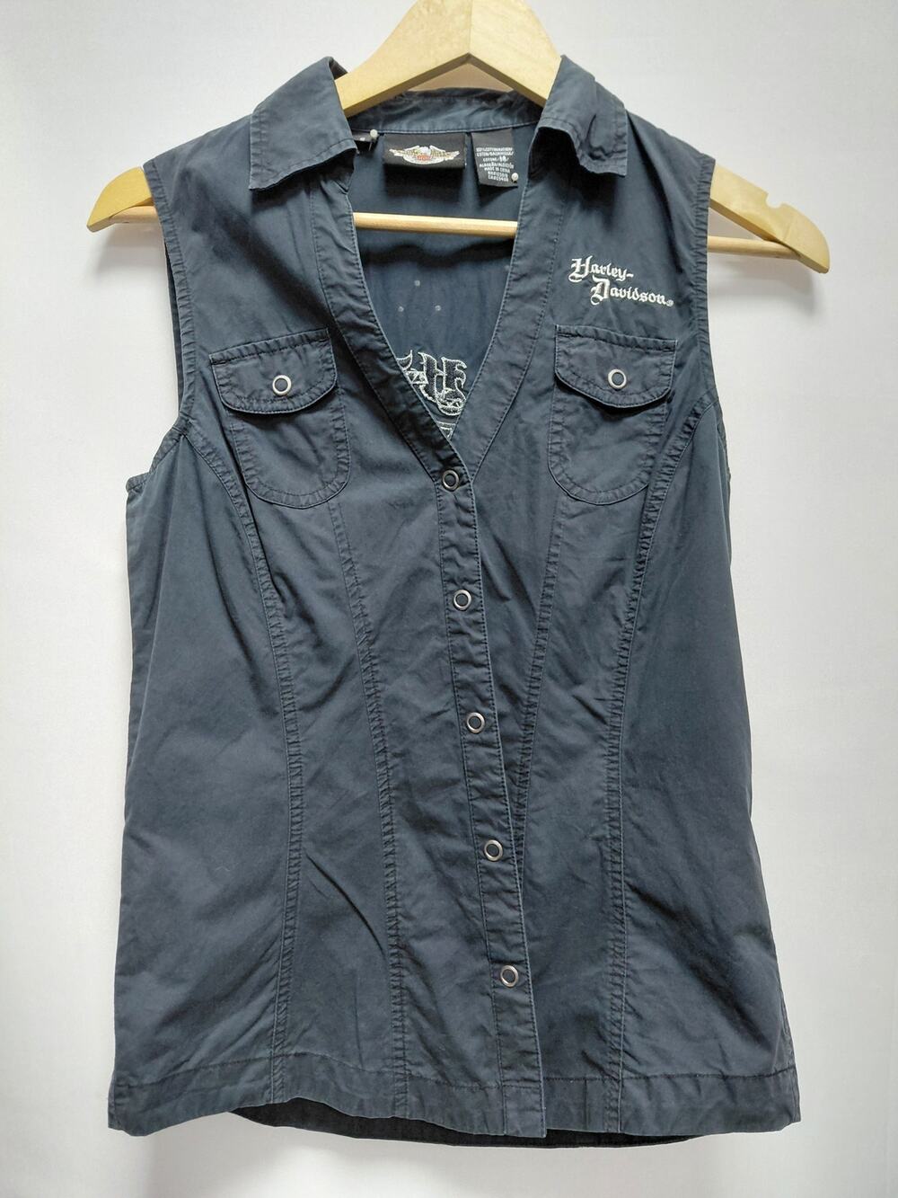 Harley-Davidson Embroidered Sleeveless Button-Up Shirt Black Woven Women Size S
